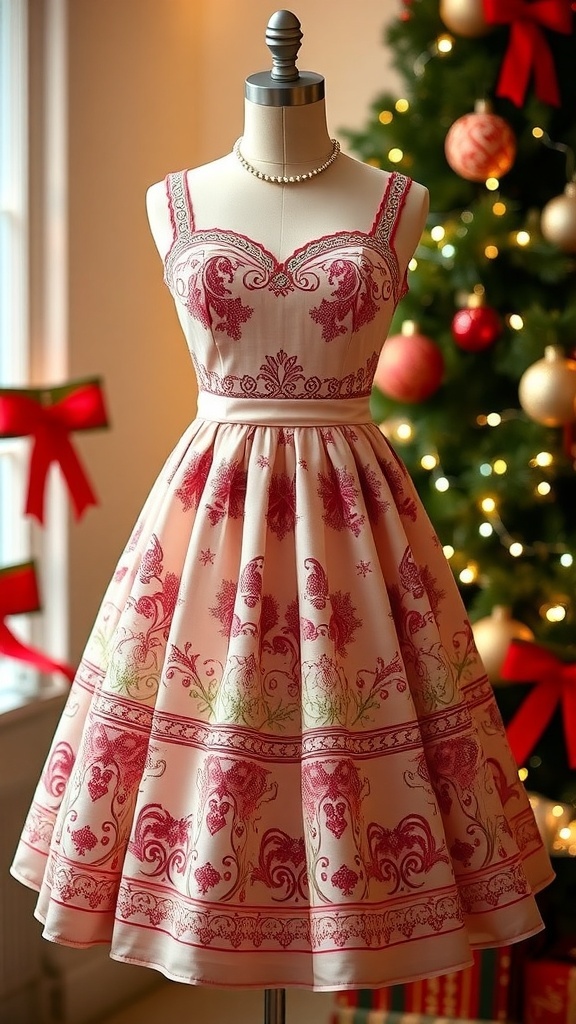 A stylish Christmas dress on a dress form with festive fabric and holiday decorations in the background.